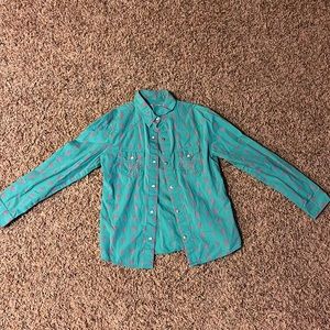 Turquoise and pink cactus rodeo button up youth large